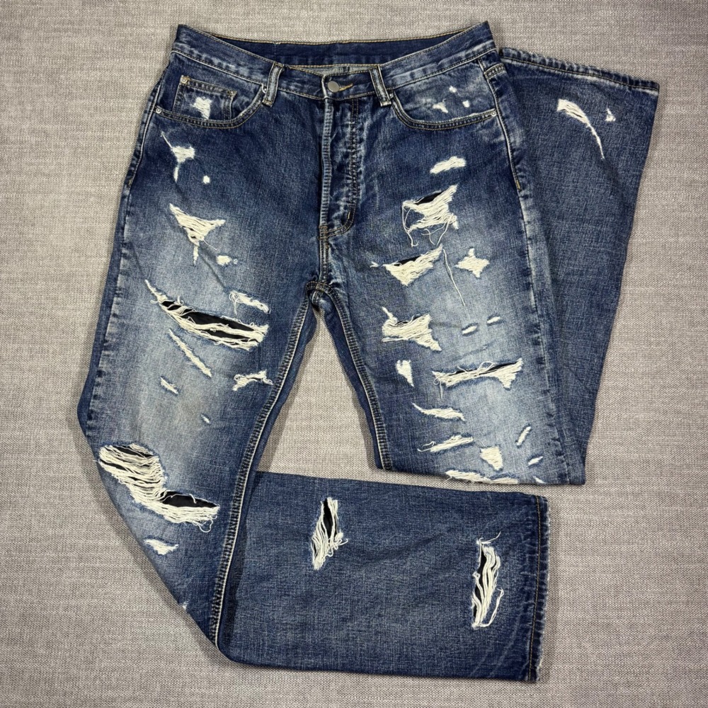 MNML Distressed Straight Leg Jeans Men's 30x33 Medium Wash Button Fly Denim